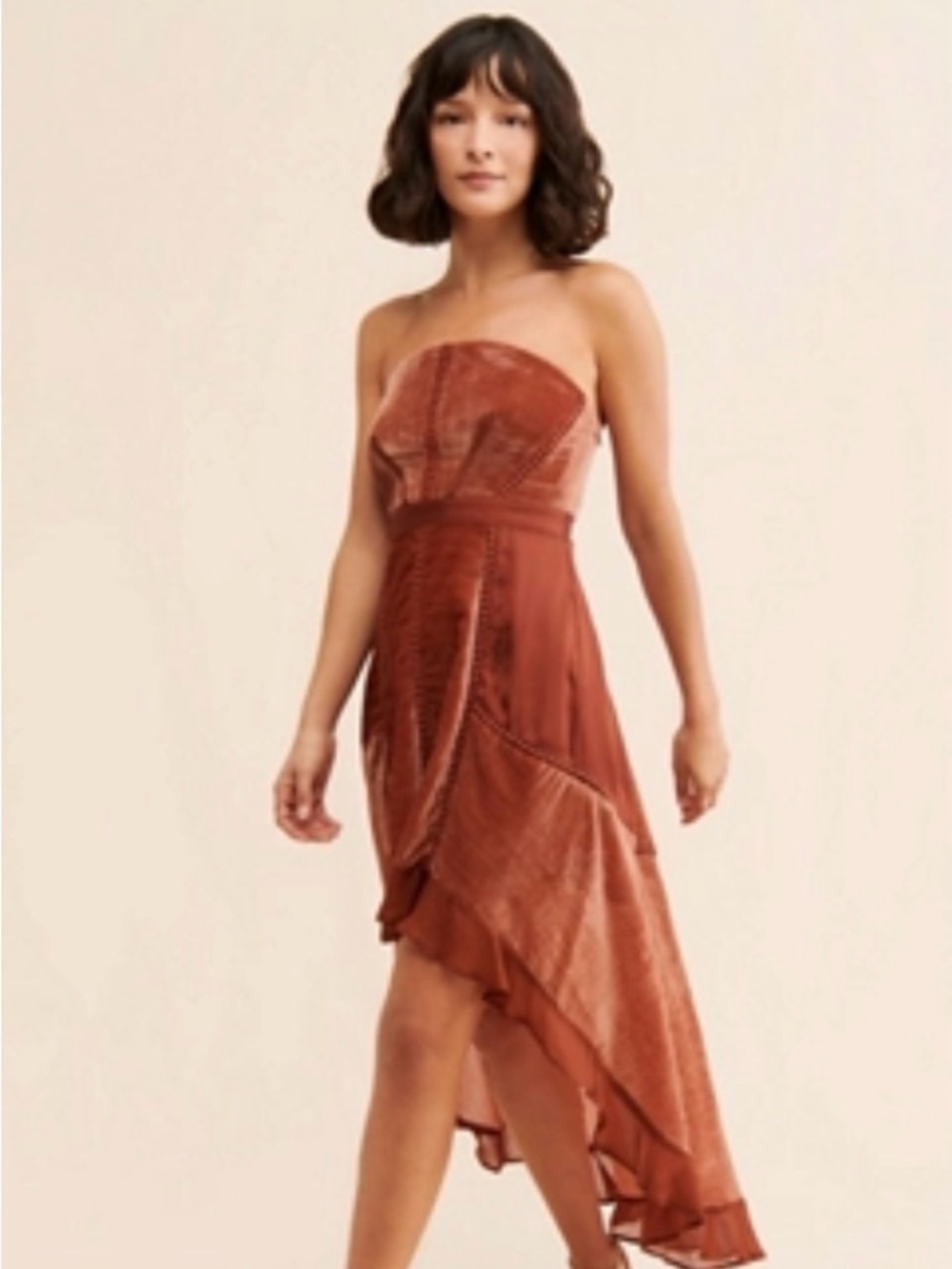 Anthropologie Metallic Rust/Copper Strapless Pleated Dress